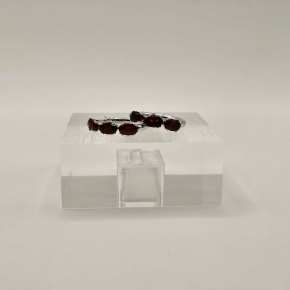 10K White Gold Genuine Garnet Hoop Earrings - Picture 5 of 8